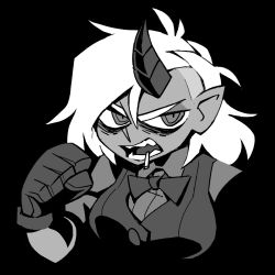 Rule 34 | 1girl, black background, breasts, cigarette, clenched hand, collared shirt, gloves, greyscale, horns, large breasts, long hair, looking at viewer, monochrome, necktie, original, sharp teeth, shirt, simple background, single horn, solo, teeth, upper body, vanripper, vest