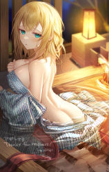 Rule 34 | 1girl, absurdres, ass, back, bare shoulders, barefoot, blonde hair, blurry, blurry background, blush, breasts, butt crack, cleavage, commission, dutch angle, from behind, frown, grabbing own breast, green eyes, hair between eyes, highres, japanese clothes, kimono, kneeling, lantern, large breasts, looking at viewer, looking back, medium hair, night, obi, onsen, original, parted lips, partially submerged, ringlets, sash, skeb commission, soles, solo, syandega, toes, water, watermark, wet, yukata