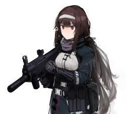 Rule 34 | absurdres, arm up, belt, belt buckle, breasts, brown hair, buckle, bullpup, girls&#039; frontline, grey hairband, grey scarf, gun, hair ornament, hairband, highres, holding, holding gun, holding weapon, js 9 (girls&#039; frontline), js 9 mm, long hair, looking to the side, mechanical, mechanical arms, rampart1028, red eyes, rifle, scarf, sidelocks, simple background, solo, submachine gun, suppressor, trigger discipline, upper body, very long hair, weapon, white background