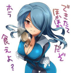 Rule 34 | 1girl, between breasts, blue hair, blush, breasts, cleavage, covered erect nipples, crossed arms, female focus, food, gender request, genderswap, gloves, hair over one eye, inazuma eleven, inazuma eleven (series), kazemaru ichirouta, large breasts, long hair, red eyes, simple background, smile, solo, uniform, white background