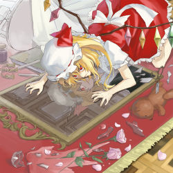 Rule 34 | 1girl, bad id, bad pixiv id, blonde hair, different reflection, flandre scarlet, flower, glass shards, kneeling, looking at viewer, mirror, red eyes, reflection, rose, shirazugoe, smirk, solo, touhou