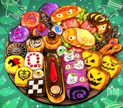 Rule 34 | cake, check copyright, copyright request, dated, eyeball, food, food focus, green background, hypnosis mic, jack-o&#039;-lantern, lettuce, meat, necktie, red necktie, shunkashuntou, sparkle, stitches, swiss roll