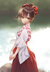 Rule 34 | 1girl, :o, absurdres, blurry, blurry background, bokeh, bow, brown eyes, brown hair, checkered clothes, commentary, cowboy shot, dabo (parksh5054), day, depth of field, hair between eyes, hair bow, hair bun, hakama, hakama skirt, highres, japanese clothes, looking at viewer, miko, original, outdoors, own hands together, red bow, red hakama, sidelocks, skirt, solo, striped, teeth, upper teeth only, vertical stripes