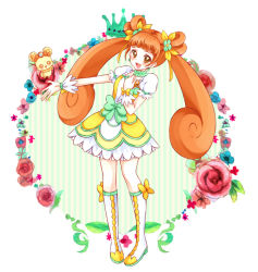 Rule 34 | 1girl, boots, bow, brooch, brown eyes, brown hair, choker, creature, cure rosetta, dokidoki! precure, double bun, floral background, flower, full body, hair bun, hair flower, hair ornament, hair ribbon, heart, heart brooch, long hair, magical girl, outstretched hand, precure, rance (dokidoki! precure), red flower, red rose, ribbon, rose, sikuhima, skirt, smile, twintails, waist bow, wrist cuffs, yotsuba alice