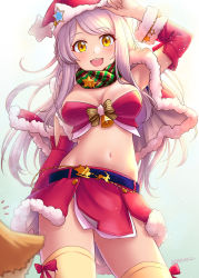 Rule 34 | 1girl, :d, absurdres, arm up, armpits, bare shoulders, bell, belt, breasts, breasts apart, chiyosuke (nosuke21), christmas, cowboy shot, crop top, detached sleeves, eve santaclaus, gradient background, hat, highres, idolmaster, idolmaster cinderella girls, idolmaster cinderella girls starlight stage, long hair, looking at viewer, medium breasts, midriff, miniskirt, navel, open mouth, red hat, red skirt, santa hat, scarf, silver hair, skirt, sleeveless, smile, solo, thighhighs, twitter username, yellow eyes, yellow thighhighs, zettai ryouiki