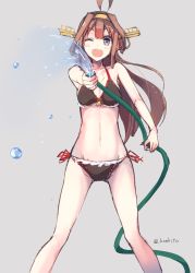 Rule 34 | 10s, 1girl, ahoge, artist name, bikini, breasts, brown hair, cleavage, collarbone, cowboy shot, grey background, groin, hair ornament, hairband, headgear, hose, kantai collection, kongou (kancolle), konkito, legs apart, long hair, looking at viewer, one eye closed, open mouth, side-tie bikini bottom, simple background, sketch, solo, standing, string bikini, swimsuit, twitter username, water