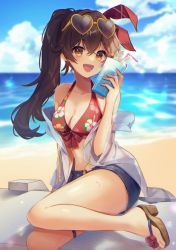 Rule 34 | 1girl, amber (genshin impact), bare legs, bikini, breasts, brown eyes, brown hair, commentary request, cup, denim, denim shorts, floral print, genshin impact, hair ribbon, heart, heart-shaped eyewear, highres, holding, holding cup, long hair, medium breasts, ocean, open mouth, ponytail, red ribbon, ribbon, sandals, shirase (shirose), shorts, sitting, smile, solo, sunglasses, swimsuit
