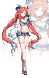 Rule 34 | 1girl, absurdres, alternate costume, aqua eyes, armband, breasts, detached sleeves, fake horns, genshin impact, gladiator sandals, highres, horns, jewelry, long hair, looking at viewer, medium breasts, navel, nilou (genshin impact), puffy detached sleeves, puffy sleeves, red hair, sandals, sidelocks, smile, solo, stomach, swimsuit, thighlet, twintails, ugwa, very long hair