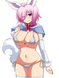 Rule 34 | 1girl, afuro, animal ears, arm warmers, bikini, blush, breasts, capelet, cleavage, cosplay, fate/grand order, fate (series), fou (fate), fou (fate) (cosplay), large breasts, mash kyrielight, navel, official alternate costume, pink hair, purple eyes, short hair, side-tie bikini bottom, smile, solo, swimsuit, tail, thighhighs, white background