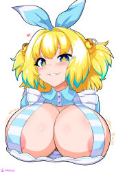 Rule 34 | + +, 1girl, areola slip, blonde hair, blue dress, blue eyes, blue hair, blue ribbon, blush, bombergirl, breasts, buttons, collared dress, dress, fang, frilled dress, frills, grenade hair ornament, hair intakes, hair ribbon, highres, isemagu, large breasts, looking at viewer, multicolored hair, pine (bombergirl), ribbon, shiny skin, short hair, simple background, smile, smug, striped, symbol-shaped pupils, twintails, twitter username, two-tone hair, upper body, white background, yellow pupils