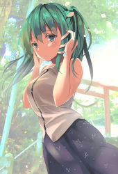 Rule 34 | 1girl, absurdres, alternate hairstyle, blue eyes, blue skirt, breasts, closed mouth, collared shirt, day, forest, frog hair ornament, green eyes, green hair, hair ornament, highres, japanese clothes, kochiya sanae, long hair, looking at viewer, medium breasts, miko, nature, outdoors, shirt, skirt, sleeveless, sleeveless shirt, snake hair ornament, solo, sunlight, torii, touhou, tree, twintails, white shirt, yuzuki risa