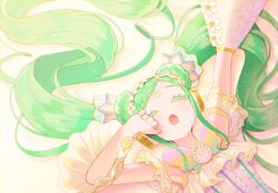 Rule 34 | 1girl, :o, arm up, braid, braided bangs, center frills, clock, closed eyes, detached sleeves, dress, dutch angle, facing viewer, falala a larm, floral print, flower, frills, from above, green hair, hair flower, hair ornament, hair spread out, head chain, headphones, idol time pripara, jewelry, long hair, open mouth, oshiri (o4ritarou), pretty series, print dress, pripara, rubbing eyes, sleepy, solo, stretching, twintails, upper body, very long hair, white flower, wide sleeves, yawning