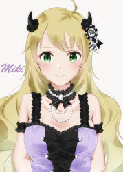 Rule 34 | 1girl, ahoge, black ribbon, blonde hair, breasts, choker, cleavage, closed mouth, collarbone, earrings, fake horns, floating hair, green eyes, hair ornament, hair ribbon, highres, horns, hoshii miki, idolmaster, idolmaster (classic), jewelry, long hair, looking at viewer, medium breasts, mogskg, necklace, ribbon, simple background, sleeveless, smile, solo, striped ribbon, swept bangs, upper body, very long hair, white background