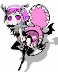 Rule 34 | 1girl, earrings, flat chest, garter belt, garter straps, heart, heart-shaped pupils, horns, indee, jewelry, no panties, original, pink eyes, pink hair, shadow, solo, symbol-shaped pupils, tail, thighhighs, toilet, white background, wings