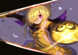 Rule 34 | 1girl, aegislash, bare shoulders, black capelet, black sleeves, blonde hair, breasts, capelet, creatures (company), detached sleeves, dress, game freak, gen 6 pokemon, grey background, hair over one eye, holding, holding sword, holding weapon, moti yousei, nintendo, personification, pokemon, purple eyes, shield, slashing, sleeveless, sleeveless dress, small breasts, solo, sword, weapon, yellow dress