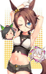 Rule 34 | 3girls, armpits, bare shoulders, biwa hayahide (umamusume), blush, bnw (umamusume), commentary request, cosplay, cowboy shot, groin, hair between eyes, highres, inset, kantai collection, looking at viewer, midriff, multiple girls, mutsu (kancolle), mutsu (kancolle) (cosplay), narita taishin (umamusume), navel, one eye closed, open mouth, sidelocks, solo focus, standing, umamusume, winning ticket (umamusume), yasume yukito, yellow background