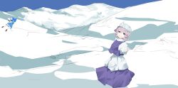 Rule 34 | 2girls, :d, absurdres, blue bow, blue dress, blue hair, blue sky, bow, cirno, dauchimk 1, detached wings, dress, hair bow, highres, ice, ice wings, letty whiterock, long sleeves, looking at viewer, mountain, multiple girls, open mouth, outdoors, purple eyes, purple hair, purple skirt, purple vest, short hair, skirt, sky, smile, snow, touhou, vest, white headwear, wings
