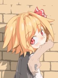 Rule 34 | 1girl, blonde hair, blush, hair ribbon, hecchi (blanch), looking at viewer, looking back, mouth hold, red eyes, ribbon, rumia, short hair, solo, touhou