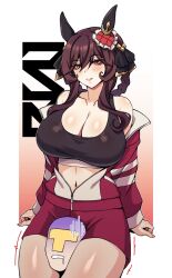 Rule 34 | 1boy, 1girl, animal ears, artist logo, black sports bra, blush, breasts, brown hair, cero rains, cleavage, commentary request, cowboy shot, ear covers, ear ornament, gentildonna (umamusume), gradient background, horse ears, horse girl, jacket, large breasts, long sleeves, medium hair, open clothes, open jacket, red eyes, red shorts, shorts, smile, sports bra, t-head trainer, thighs, track jacket, umamusume