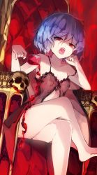 Rule 34 | 1girl, alcohol, babydoll, bare arms, bare legs, bare shoulders, barefoot, blue hair, chiroru (cheese-roll), cup, drinking glass, fang, hair between eyes, highres, crossed legs, looking at viewer, pouring, red eyes, remilia scarlet, short hair, sitting, skull, solo, strap slip, throne, touhou, wine, wine glass