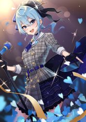 Rule 34 | 1girl, absurdres, asymmetrical hair, bad id, bad pixiv id, belt, beret, black gloves, blue belt, blue choker, blue eyes, blue hair, blue necktie, blue skirt, blurry, blush, bokeh, breasts, choker, commentary, concert, cowboy shot, crown, depth of field, dutch angle, fingerless gloves, frilled skirt, frills, gloves, glowstick, grey hat, hair between eyes, hat, heart, highres, holding, holding microphone stand, hololive, hoshimachi suisei, hoshimachi suisei (1st costume), jacket, jewelry, kaibasira1234, light blue hair, looking at viewer, medium hair, microphone, microphone stand, mini crown, necktie, open mouth, outstretched hand, plaid, plaid headwear, plaid jacket, plaid skirt, ribbon, short necktie, side ponytail, skirt, skirt set, small breasts, smile, solo, sparkle, star (symbol), star in eye, symbol in eye, two-tone skirt, virtual youtuber, yellow ribbon
