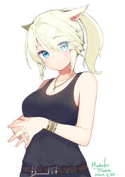 Rule 34 | 1girl, animal ears, belt, blonde hair, blue eyes, blush, bracelet, breasts, cleavage, dated, eyes visible through hair, final fantasy, final fantasy xiv, hair over one eye, highres, jewelry, large breasts, long hair, looking at viewer, miqo&#039;te, mochiko tsuru, multiple bracelets, necklace, own hands clasped, own hands together, ponytail, solo, tank top