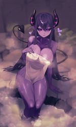 Rule 34 | 1girl, absurdres, black sclera, breasts, cleavage, colored sclera, colored skin, covering privates, demon, demon girl, demon tail, hair between eyes, highres, holding, holding towel, horns, large breasts, long hair, looking at viewer, nude cover, onsen, original, pointy ears, purple eyes, purple hair, purple skin, sbgu, sitting, smile, soaking feet, solo, steam, tail, towel, water