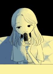 Rule 34 | 1girl, absurdres, black background, buttons, cup, drinking, drinking glass, famiresu wo kyouju seyo, glasspan (famiresu wo kyouju seyo), hair behind ear, hand up, highres, holding, holding cup, kitsutsuki yuzu, limited palette, long hair, looking at viewer, short sleeves, sitting, solo, upper body