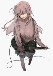 Rule 34 | 1girl, blue eyes, bocchi the rock!, closed mouth, cube hair ornament, electric guitar, full body, gibson les paul, gotoh hitori, grey skirt, guitar, hair between eyes, hair ornament, hair over eyes, highres, holding, holding instrument, instrument, jacket, kgeroua, long hair, one eye covered, one side up, pants, pants under skirt, pink hair, pink jacket, pink pants, pleated skirt, simple background, skirt, solo, track jacket, track pants, white background
