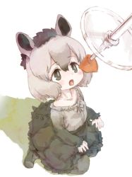 Rule 34 | 10s, 1girl, animal ears, black hair, bow skirt, collarbone, commentary request, feeding, food, frilled shirt, frilled skirt, frills, grey hair, highres, kemono friends, kolshica, long skirt, long sleeves, multicolored hair, open mouth, photo-referenced, shirt, short hair, sitting, skirt, solo, south american tapir (kemono friends), tapir ears, wariza