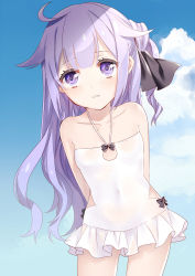 Rule 34 | 1girl, adapted costume, ahoge, alternate costume, arms behind back, azur lane, blue sky, cloud, cloudy sky, collarbone, commentary request, covered navel, day, hair ribbon, highres, looking at viewer, one-piece swimsuit, parted lips, purple eyes, purple hair, ribbon, satsukinapo, sky, solo, swimsuit, unicorn (azur lane), white one-piece swimsuit