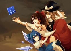 Rule 34 | 3girls, apron, bad id, bad pixiv id, blonde hair, blue dress, blue eyes, blue hair, bow, braid, brown hair, building, buttons, cirno, cloud, d:, detached sleeves, detached wings, dress, embodiment of scarlet devil, female focus, frilled bow, frills, gameplay mechanics, girl sandwich, hair between eyes, hair bow, hair tubes, hakurei reimu, hand on headwear, hat, hat bow, hug, ice, ice wings, kirisame marisa, long hair, midriff, multiple girls, night, night sky, open mouth, outstretched arms, power-up, puffy short sleeves, puffy sleeves, reaching, red bow, red eyes, red ribbon, red skirt, ribbon, ribbon-trimmed sleeves, ribbon trim, riku (artist), riku (wana), sandwiched, sarashi, short sleeves, side braid, single braid, skirt, skirt set, sky, star (sky), touhou, upskirt, white apron, white bow, wide sleeves, wings, witch hat, yellow eyes