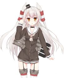 Rule 34 | 10s, 1girl, amatsukaze (kancolle), bad id, bad pixiv id, brown eyes, choker, cowboy shot, dress, garter straps, grey neckerchief, hair tubes, hand up, headgear, jewelry, kantai collection, kuran (yourcatissick), long hair, long sleeves, looking at viewer, machinery, neckerchief, ring, sailor collar, sailor dress, silver hair, solo, striped clothes, striped thighhighs, thighhighs, triangle mouth, two side up, wedding band, white background