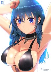 Rule 34 | 1girl, armpits, arms up, bare arms, bare shoulders, bikini, black bikini, black choker, blue eyes, blue hair, breasts, byleth (female) (fire emblem), byleth (female) (summer) (fire emblem), byleth (fire emblem), chinchongcha, choker, cleavage, collarbone, fire emblem, fire emblem: three houses, fire emblem heroes, flower, hair flower, hair ornament, hibiscus, highres, large breasts, long hair, looking at viewer, nintendo, official alternate costume, simple background, smile, solo, swimsuit, upper body, white background
