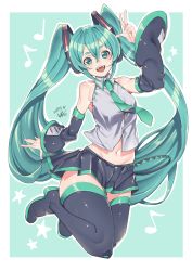 Rule 34 | 1girl, arm up, bare shoulders, black footwear, black legwear, black skirt, blush, boots, border, collarbone, commentary, dated, green background, green eyes, green hair, green necktie, hair between eyes, hatsune miku, highres, kuma (jk0073), long hair, musical note, navel, necktie, open mouth, outline, shiny skin, short eyebrows, signature, skirt, smile, solo, star (symbol), teeth, tongue, twintails, upper teeth only, very long hair, vocaloid, white border, white outline
