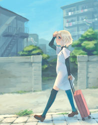Rule 34 | 1girl, blonde hair, blue eyes, briefcase, female focus, lowres, nature, original, outdoors, plant, rolling suitcase, short hair, sky, solo, suitcase, thighhighs, weno, weno&#039;s blonde original character