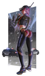 Rule 34 | 1girl, american flag, ash, ash (rainbow six siege), ass, backless panties, baseball cap, black-framed eyewear, black hat, black pants, black vest, blue footwear, blurry, blurry background, braid, breasts, car, closed mouth, clothes writing, depth of field, eliza cohen, eyewear on headwear, fj wu cheng&#039;en, ford, full body, glowing, glowing eye, gun, hair over shoulder, hand on own hip, hat, highres, holding, holding gun, holding weapon, lips, long hair, long sleeves, looking at viewer, medium breasts, motor vehicle, nail polish, outdoors, outside border, panties, pants, pink panties, police car, profile, purple nails, r4-c, rainbow six siege, red eyes, road, see-through, single braid, sleeves past wrists, solo, standing, street, sunglasses, tight clothes, tight pants, trigger discipline, underwear, vest, weapon