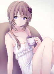 Rule 34 | 1girl, absurdres, bad id, bad pixiv id, blue eyes, breasts, brown hair, cleavage, collarbone, cup, dress, fusuma (ramunezake), hair ornament, highres, holding, holding cup, long hair, looking at viewer, original, parted lips, short dress, simple background, sitting, sleeveless, sleeveless dress, small breasts, solo, sundress, white background, white dress