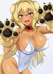 Rule 34 | 1girl, :d, animal ears, animal hands, bare shoulders, blonde hair, breasts, cleavage, collar, covered navel, cowboy shot, dark-skinned female, dark skin, fangs, floppy ears, gloves, gomashi (goma), hands up, highleg, highleg leotard, highres, large breasts, leotard, long hair, looking at viewer, open mouth, orange eyes, original, paw gloves, simple background, smile, solo, standing, tail, thighs, very long hair, white background, white leotard
