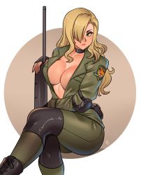 Rule 34 | 1girl, absurdres, black footwear, black gloves, blonde hair, boots, breasts, choker, cleavage, collarbone, cross-laced footwear, emblem, fingerless gloves, fox, fox hound, gloves, green eyes, gun, h&amp;k psg1, hair over one eye, highres, knife, lace-up boots, large breasts, lips, long hair, looking away, metal gear (series), metal gear solid, ravenousruss, rifle, sniper rifle, sniper wolf, solo, weapon