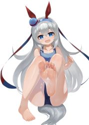 Rule 34 | 1girl, animal ears, barefoot, blue eyes, feet, foreshortening, highres, long hair, looking at viewer, one-piece swimsuit, open mouth, silver hair, simple background, soles, swimsuit, tamamo cross (umamusume), toes, umamusume, white background