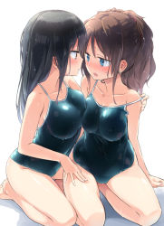 Rule 34 | 2girls, arm at side, asymmetrical docking, barefoot, black hair, blue eyes, blush, breast press, breasts, brown eyes, brown hair, collarbone, commentary, competition school swimsuit, earrings, covered erect nipples, eye contact, female focus, hand on another&#039;s thigh, highres, homura subaru, imminent kiss, jewelry, kneeling, large breasts, light, long hair, looking at another, multiple girls, one-piece swimsuit, original, parted lips, ponytail, profile, school swimsuit, simple background, sitting, strap slip, stud earrings, swimsuit, undressing, wet, white background, yokozuwari, yuri