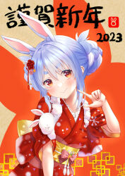 Rule 34 | 1girl, 2023, absurdres, animal ear fluff, animal ears, back bow, blue hair, bow, braid, braided bun, carrot, chinese zodiac, circle, don-chan (usada pekora), double bun, flower, hair bun, hair flower, hair ornament, highres, hololive, japanese clothes, kimono, lace, lace-trimmed kimono, lace trim, mary is mine, multicolored hair, obi, obijime, orange flower, pink flower, pointing, pointing at self, rabbit-shaped pupils, rabbit ears, red flower, red kimono, sash, short eyebrows, solo, streaked hair, symbol-shaped pupils, tasuki, triangle, usada pekora, usada pekora (new year), virtual youtuber, white hair, year of the rabbit, yellow sash