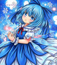 Rule 34 | 1girl, :o, blue background, blue bow, blue dress, blue eyes, blue hair, blue theme, blush, bow, breasts, cirno, cowboy shot, dress, frilled shirt collar, frills, hair between eyes, hair bow, looking at viewer, marker (medium), medium hair, neck ribbon, open mouth, own hands together, pinafore dress, puffy short sleeves, puffy sleeves, red ribbon, ribbon, rui (sugar3), sample watermark, shirt, short sleeves, sleeveless, sleeveless dress, small breasts, snowflake background, solo, touhou, traditional media, watermark, white shirt, wrist cuffs