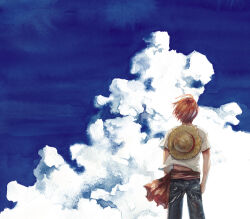 Rule 34 | 1boy, aged down, back, child, cloud, cloudy sky, commentary request, hat, kusaco, male focus, one piece, outdoors, red hair, shanks (one piece), shirt, short hair, short sleeves, sky, solo, standing, straw hat, unworn hat, unworn headwear, white shirt