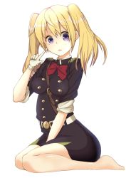 Rule 34 | 1girl, bad id, bad pixiv id, barefoot, between legs, black dress, blonde hair, bow, bowtie, dress, enokimo me, gloves, hair between eyes, hand between legs, highres, index finger raised, kneeling, long hair, looking at viewer, military, military uniform, open mouth, owari no seraph, plantar flexion, purple eyes, red bow, sanguu mitsuba, short dress, simple background, sitting, solo, twintails, uniform, white background, white gloves