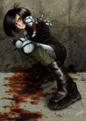 Rule 34 | 1990s (style), 1girl, black hair, boots, cyberpunk, cyborg, facepaint, alita, battle angel alita, outstretched arm, realistic, science fiction, short hair, signature, solo, squatting