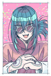 Rule 34 | 1boy, blue hair, border, brown jacket, commentary request, fate/grand order, fate (series), folded ponytail, gedougawa, glasses, grey-framed eyewear, hair between eyes, hand tattoo, jacket, long bangs, looking at viewer, male focus, mandarin collar, medium hair, open mouth, own hands together, pink background, round eyewear, smile, solo, tattoo, teeth, upper body, upper teeth only, white border, yan qing (fate), yellow eyes, yin yang tattoo