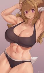 Rule 34 | 1girl, abs, armpits, arms up, bare arms, bare shoulders, blush, breasts, brown hair, brown horns, cleavage, closed mouth, commentary, english commentary, highres, horns, iwbitu, large breasts, long hair, looking at viewer, muscular, muscular female, navel, original, purple background, purple eyes, simple background, smile, solo, tail