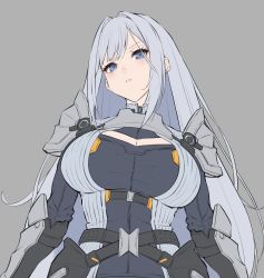 Rule 34 | 1girl, armor, blue eyes, breast tattoo, breasts, cleavage, cleavage cutout, closed mouth, clothing cutout, ethel (xenoblade), grey hair, hakusai (hksicabb), highres, large breasts, long hair, looking at viewer, shoulder armor, simple background, solo, tattoo, upper body, very long hair, xenoblade chronicles (series), xenoblade chronicles 3
